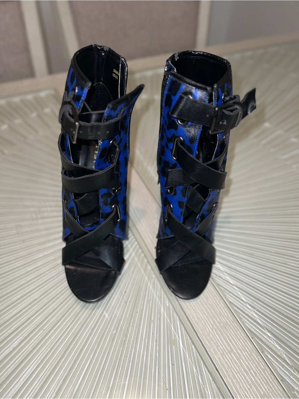 Paper Fox Blue and Black Leopard Print Strappy Heeled Booties